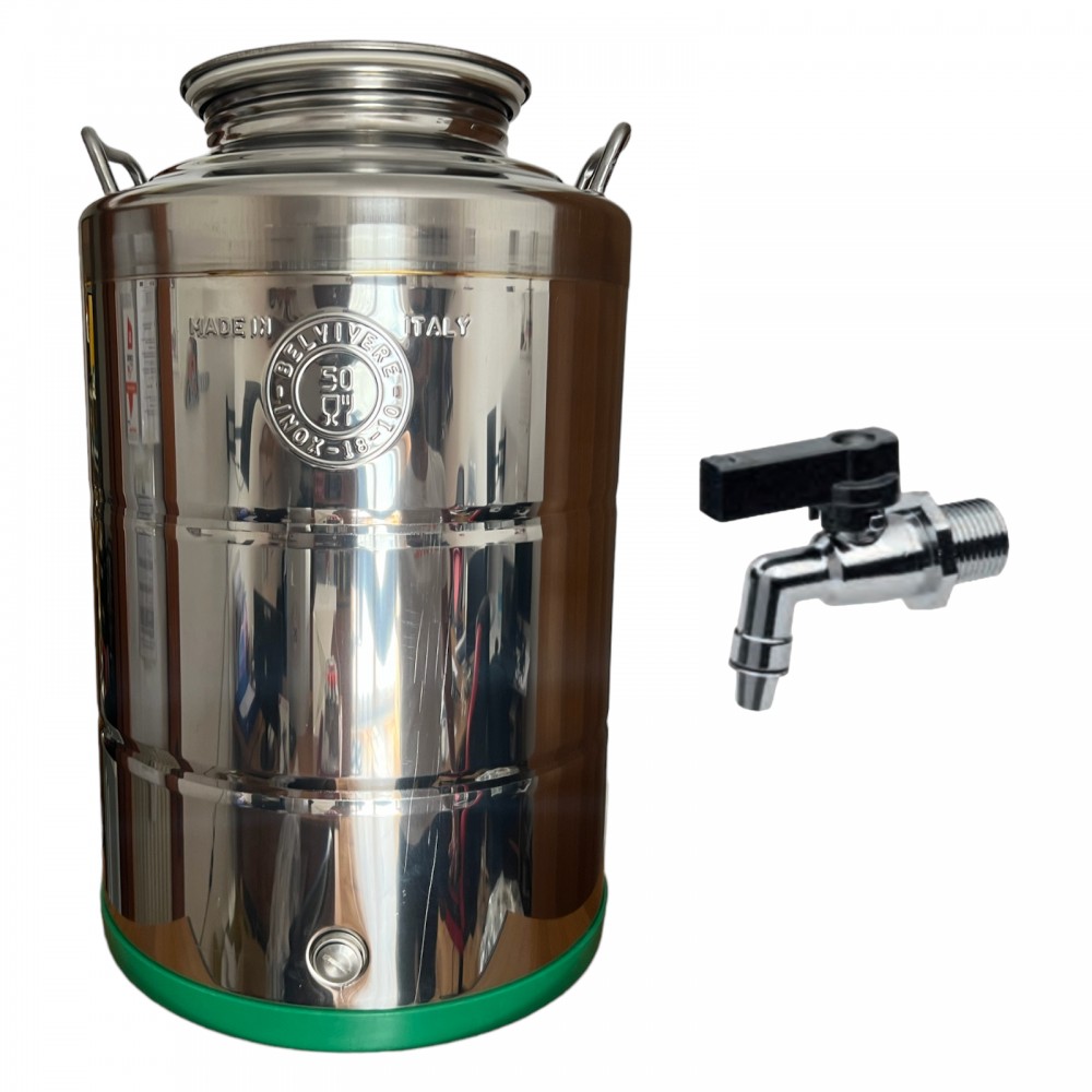 CONTENITORE FUSTO 50 LITRI ACCIAIO INOX 18/10 BELVIVERE FONDO LISCIO CON MANICI