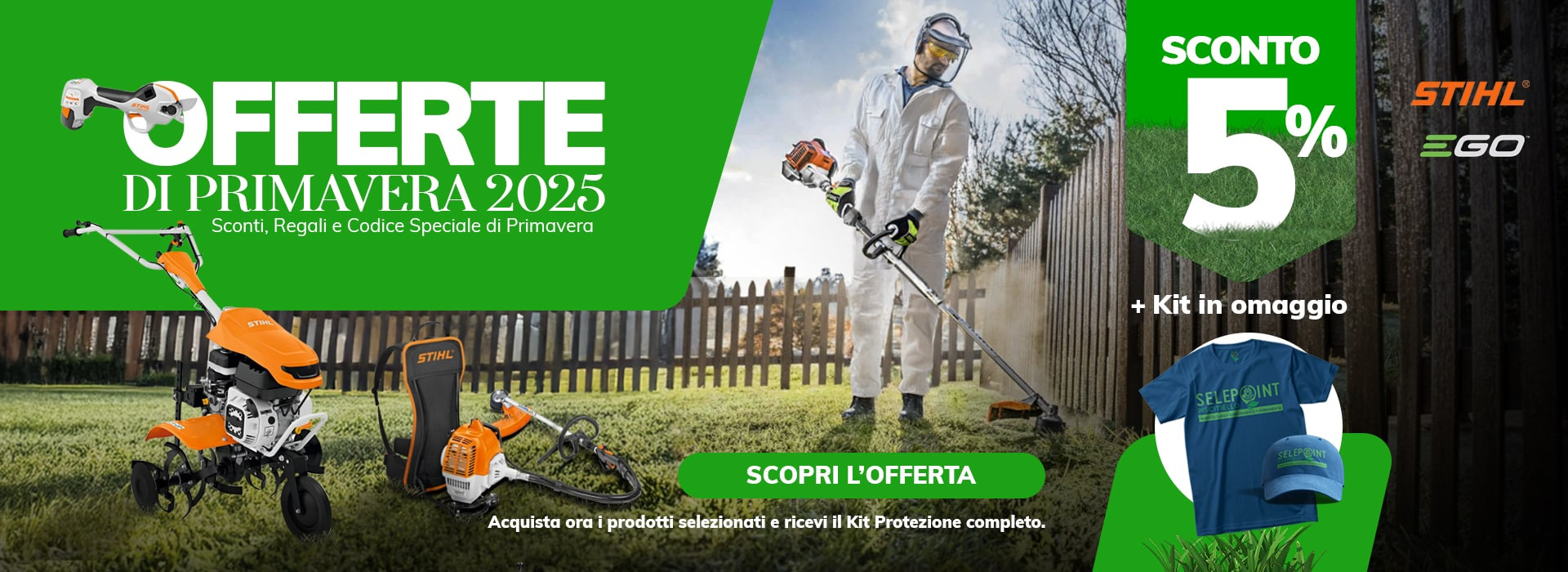 Promozione di primavera su attrezzi da giardino STIHL ed EGO Power con sconto e kit omaggio. Solo su Selepoint.it.